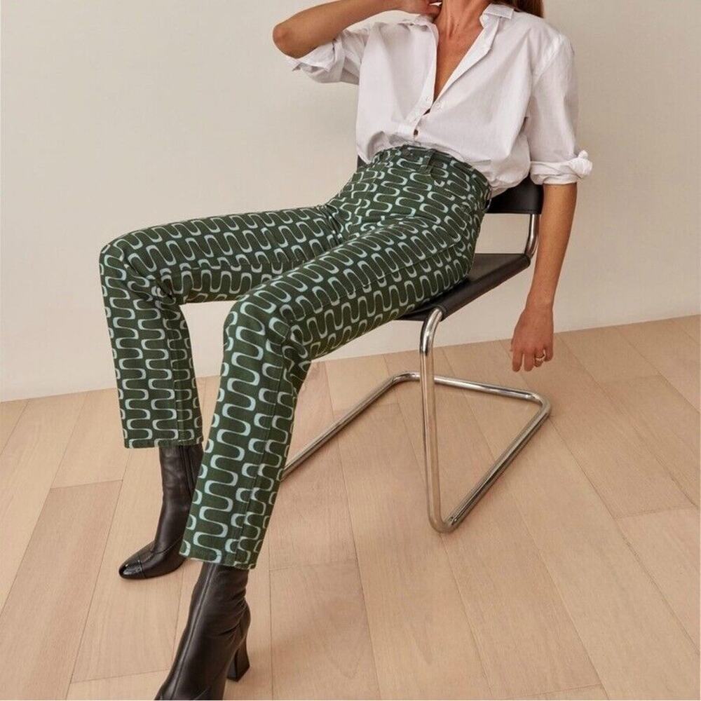 Reformation Dark Green Geometric Straight Leg Jeans